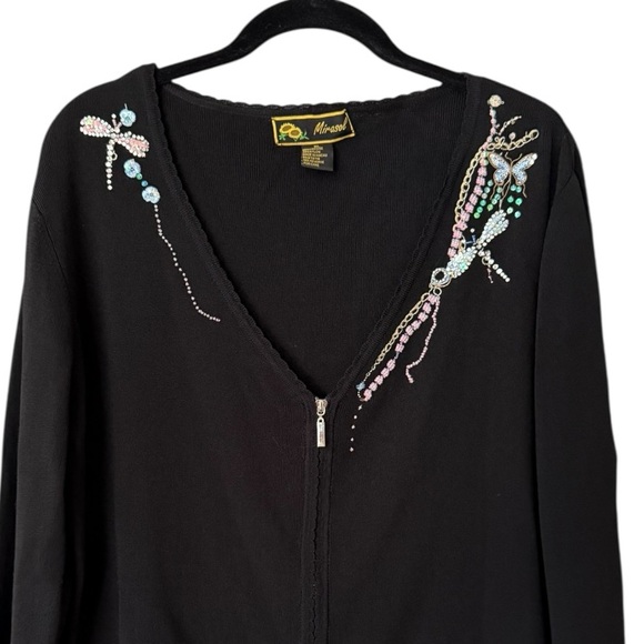 Vintage Black Cardigan Sweater Size XL Rhinestone Embroidered Dragonfly - Picture 15 of 17
